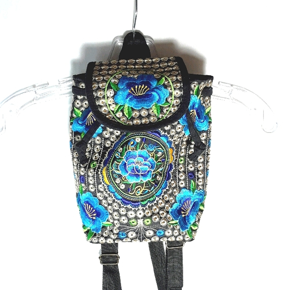 Boho floral black and blue mini backpack